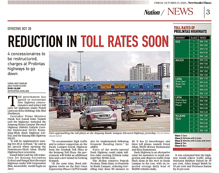 New Straits Times | Reduction in toll rates soon