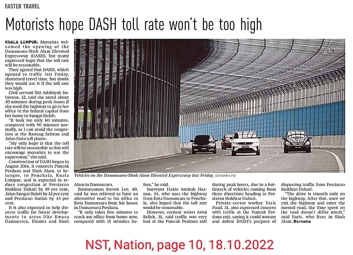 New Straits Times | Motorists hope DASH toll rate won’t be too high