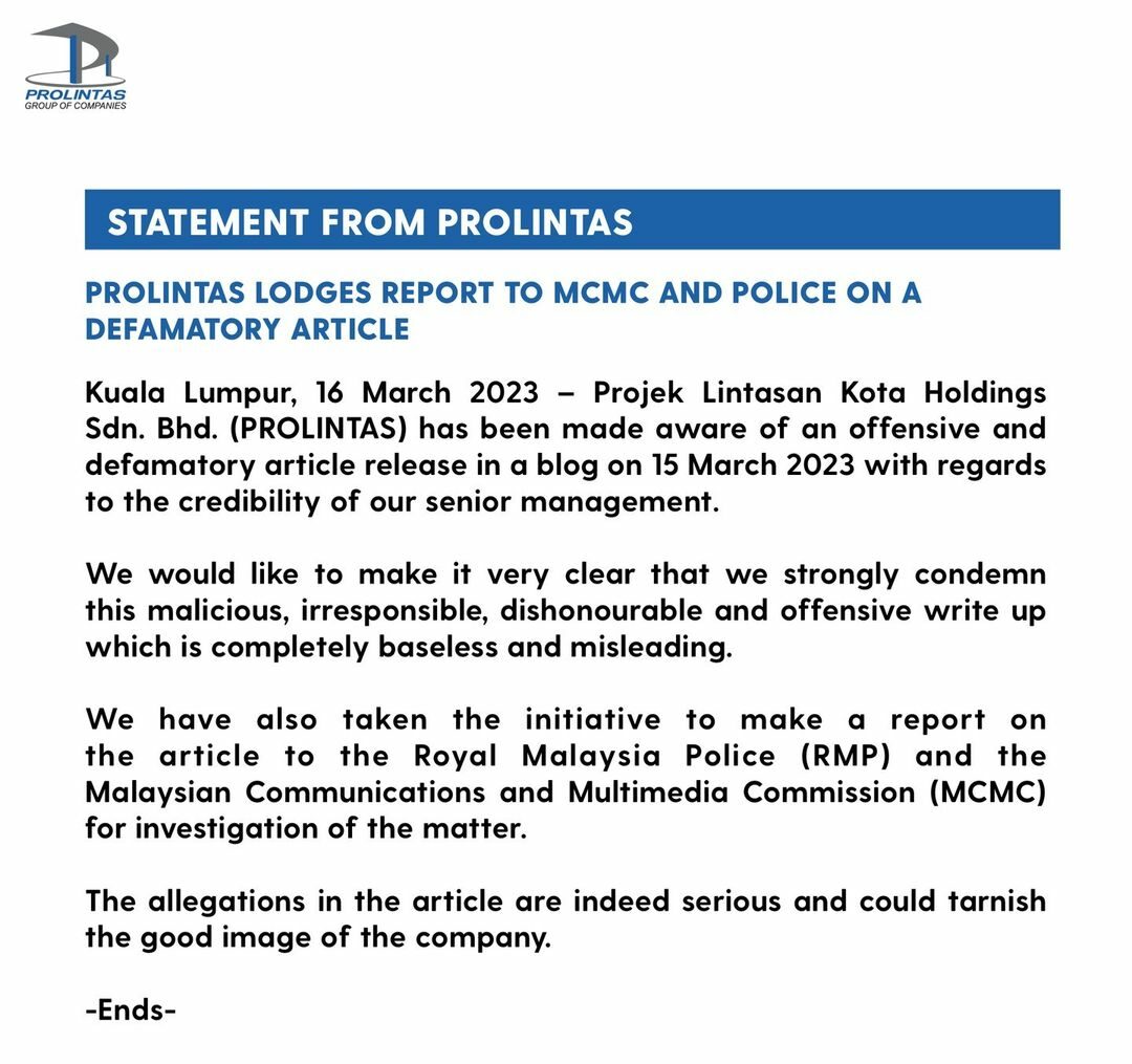 PROLINTAS LODGES REPORT TO MCMC AND POLICE ON A DEFAMATORY ARTICLE